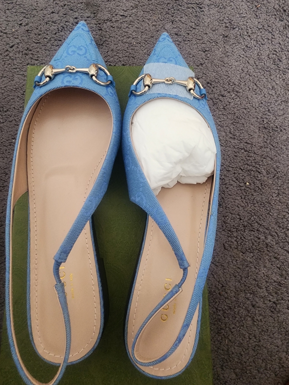 Gucci Light Blue Slingback Pointed-Toe Flats with Horsebit